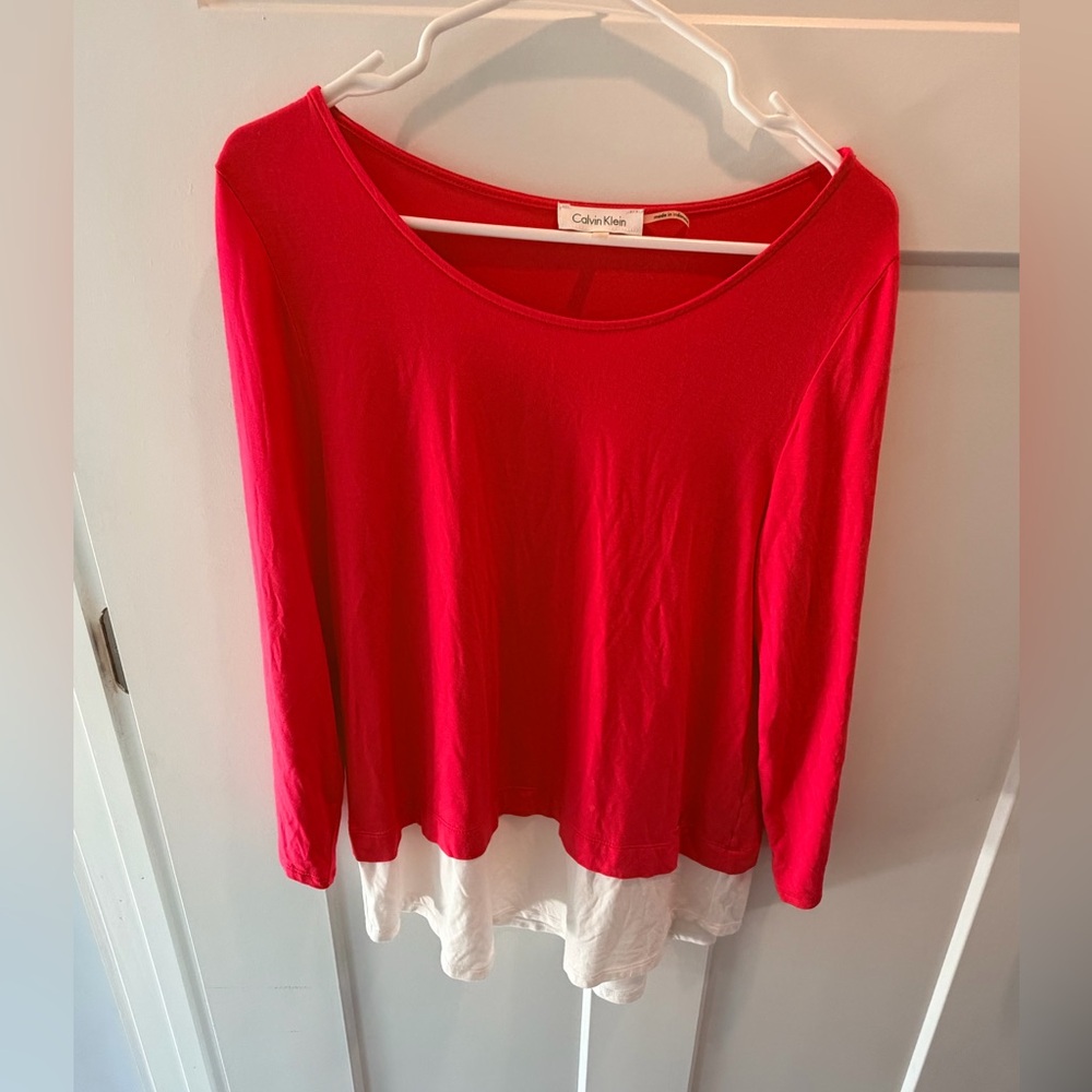 Calvin Klein Medium Red Layered Long Sleeve Top Womens Casual Blouse